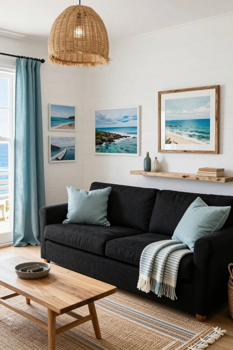 Living room with black sofa accented by light blue pillows and throw blanket, wooden coffee table holding a bowl, rattan pendant light overhead, beach artwork on walls, floating wooden shelf with vases and books, blue curtains framing ocean view.