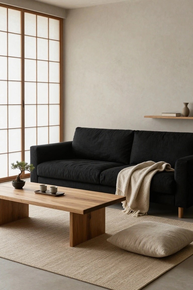Minimalist living room with black linen sofa on neutral rug, low wooden coffee table holding tea cups and bonsai tree, shoji screen windows, wall shelf with vase, and large floor cushion.