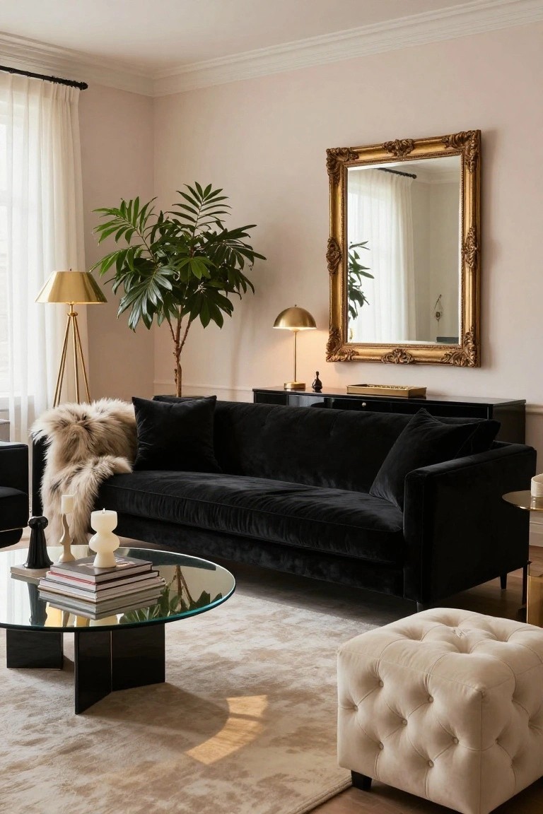 Living room with black velvet L-shaped sofa, blush pink walls, large gold ornate mirror, potted palm tree next to gold floor lamp, glass coffee table with books and candles, and beige rug.