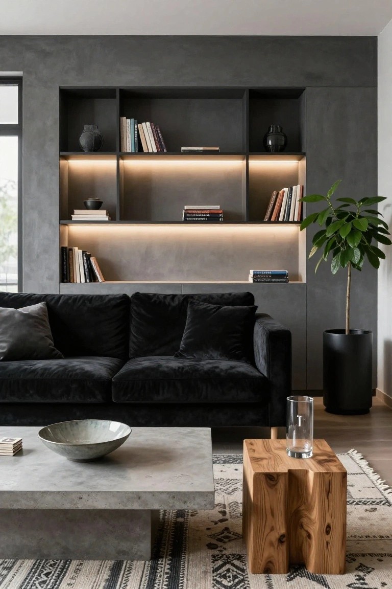 Modern living room with black velvet sofa against gray textured wall featuring built-in open shelves with books, vases, plant, and LED lighting, concrete coffee table, wooden stool, and woven rug.