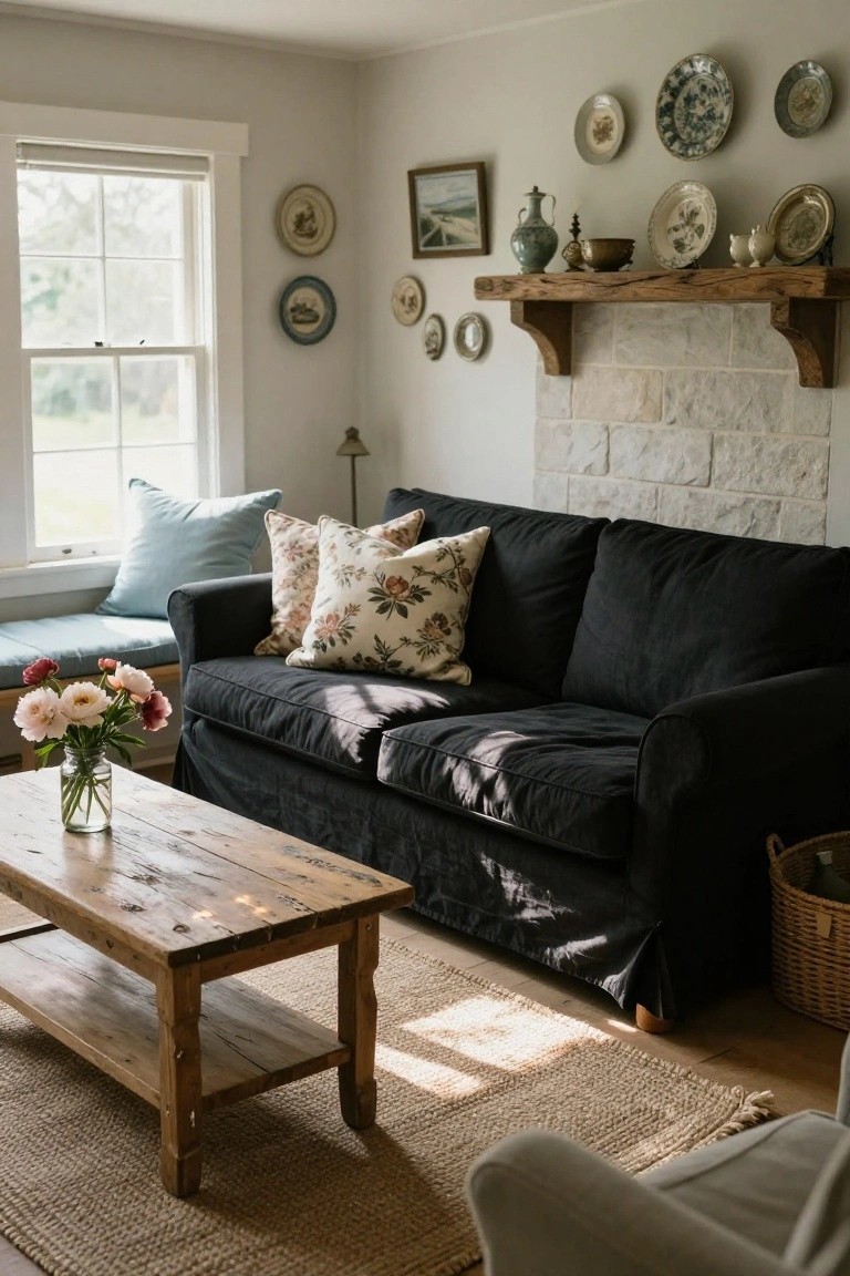 Living room with black slipcovered sofa topped by floral and solid pillows, rustic wooden coffee table holding mason jar of peonies, eclectic plates on white walls, seagrass rug, stone fireplace, and window with natural light.
