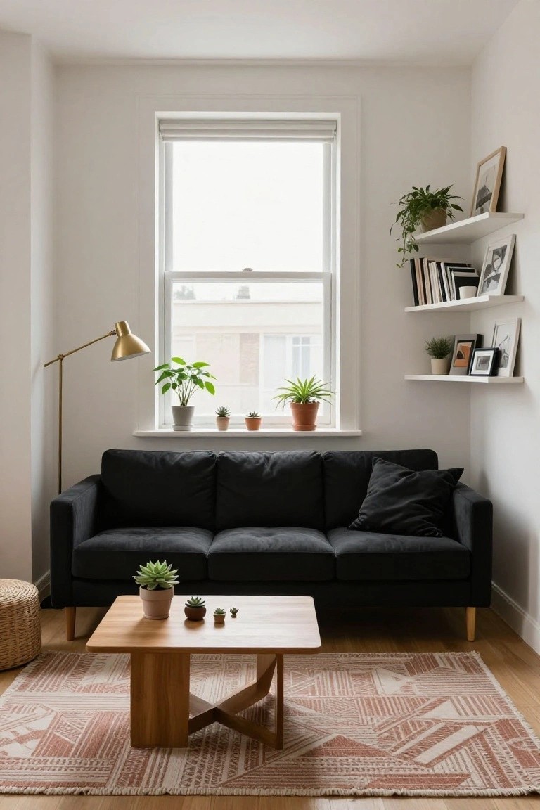 Minimalist living room corner with black three-seater sofa, light wood coffee table on patterned rug, multiple potted plants on floating shelves and windowsills, gold arc lamp, and books on shelves.