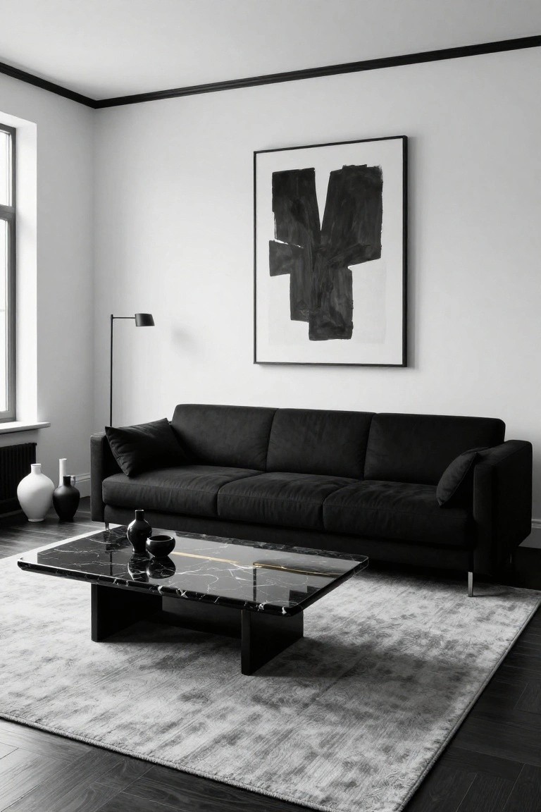 A minimalist living room with white walls, a black velvet three-seater sofa, low black marble coffee table with gold veins, large black and white abstract painting, black arc floor lamp, white and black ceramic vases, and light gray rug on dark wood floors.