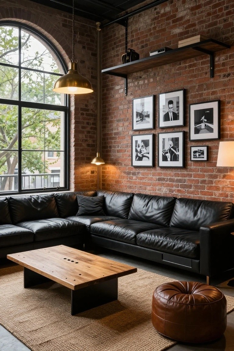 Living room with black leather L-shaped sectional sofa, wooden coffee table with black legs, tan ottoman, exposed brick walls, black and white framed photos, brass pendant lights, and large arched windows overlooking trees.