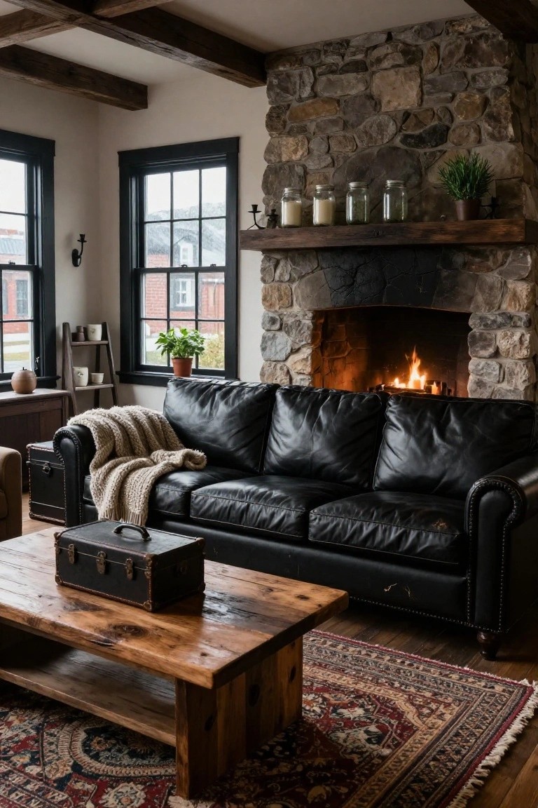 Cozy living room with black leather sofa, stone fireplace, and rustic wooden furniture.