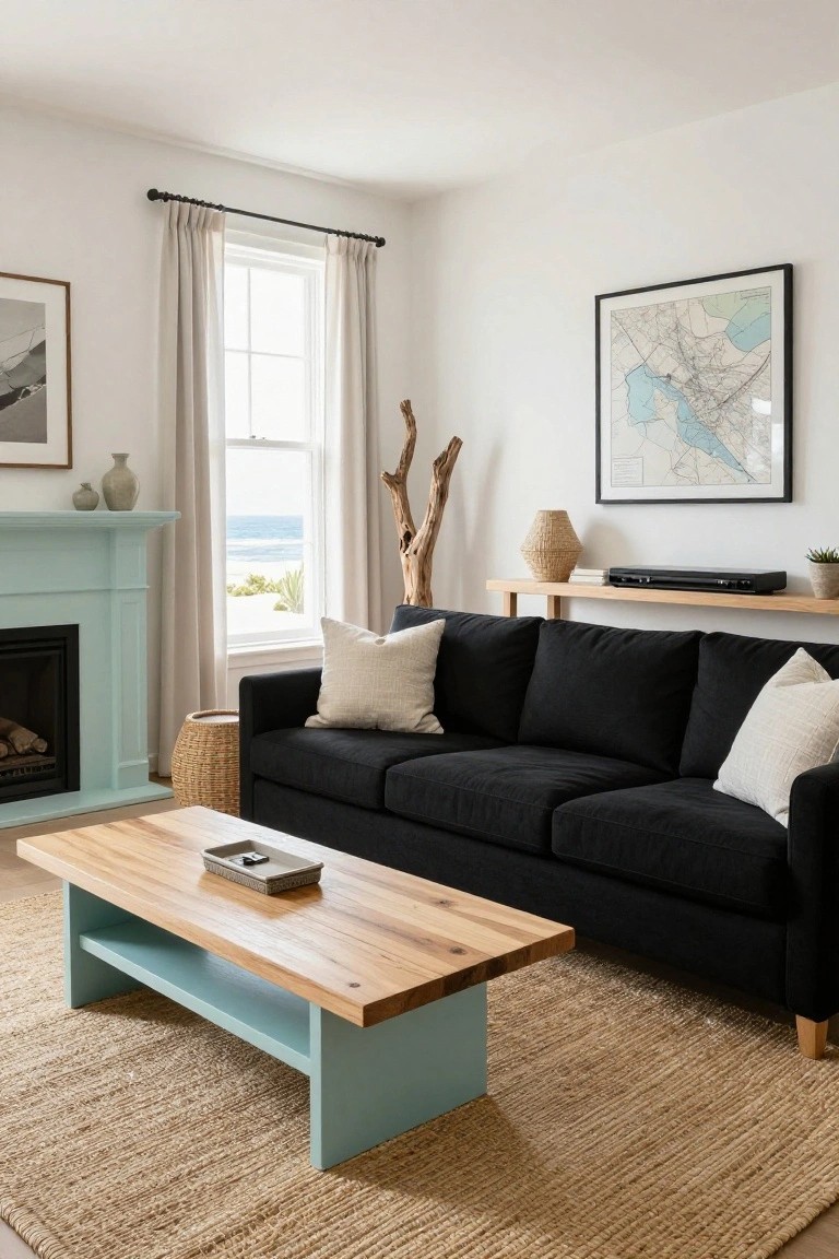 Living room with black three-seat sofa, light wood coffee table with turquoise legs, turquoise fireplace, white walls, large window showing ocean view, and various neutral decor items.