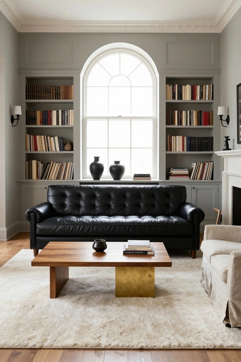 Living room with black tufted leather sofa facing built-in gray bookshelves flanking an arched window, wooden coffee table with books, black vases, and a fireplace on light wood floors.