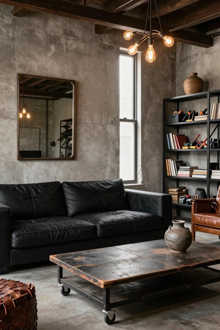 Industrial-style living room with black leather sofa, black metal shelving units holding books and tools, rustic wooden coffee table on casters, leather ottoman, terracotta vases, mirror, and exposed concrete walls under wooden beam ceiling with Edison bulb chandelier.