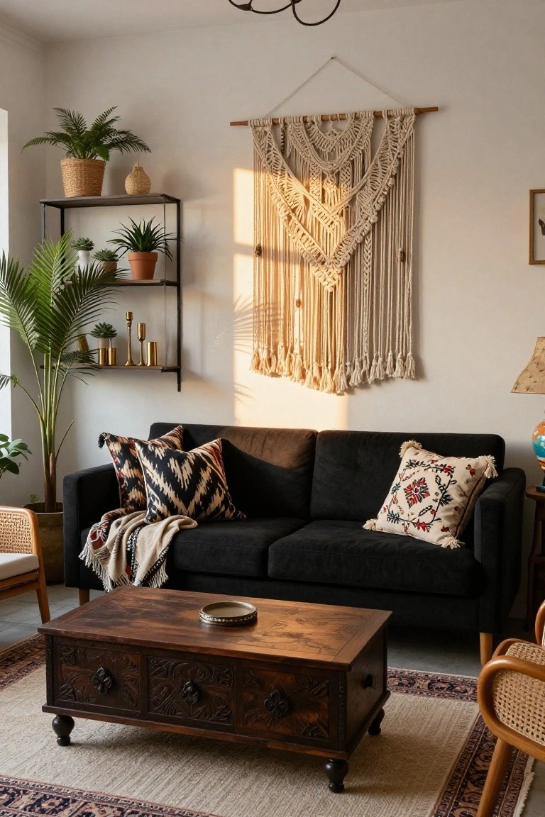A living room with a black velvet sofa piled with patterned pillows and a woven throw, wooden coffee table, potted plants, metal shelf with succulents and candles, large macrame wall hanging, rattan chairs, and patterned rug.