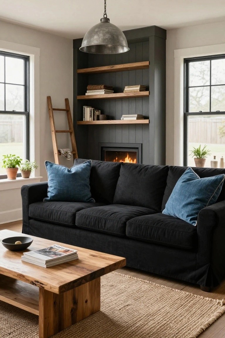 Living room corner with black three-seater sofa facing a dark paneled fireplace flanked by floating wood shelves and a leaning wooden ladder, rustic wood coffee table in front, plants on windowsills, and neutral walls.