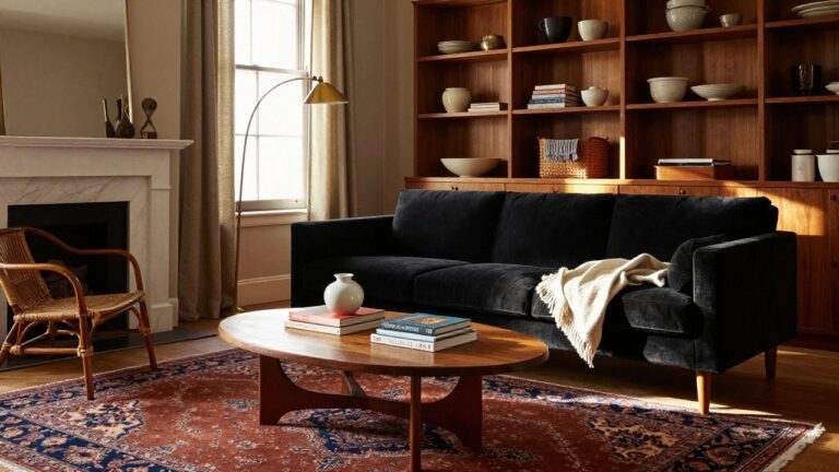 Living room with black velvet L-shaped sofa next to rattan armchair, oval wood coffee table on patterned rug, marble fireplace, wooden shelving displaying ceramic pottery, and window with sheer curtains.