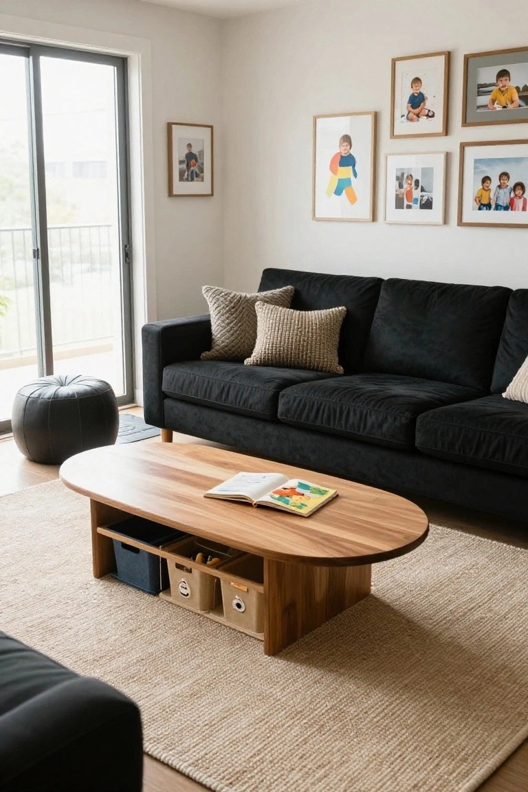 Living room with black velvet three-seater sofa, beige and cream pillows, black leather pouf, oval light wood coffee table with storage cubbies holding blue and beige bins, open children's book on table, neutral seagrass rug, and wall of framed family photos and artwork beside sliding glass doors to balcony.