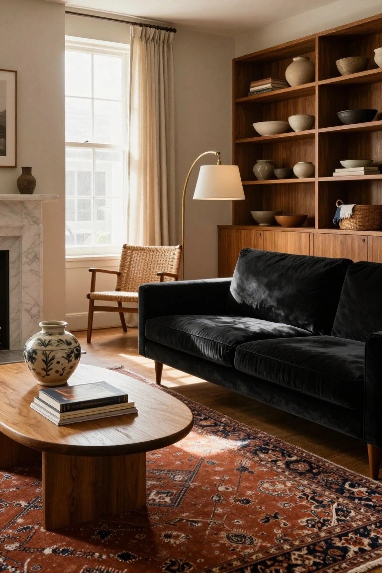 Living room with black velvet L-shaped sofa next to rattan armchair, oval wood coffee table on patterned rug, marble fireplace, wooden shelving displaying ceramic pottery, and window with sheer curtains.