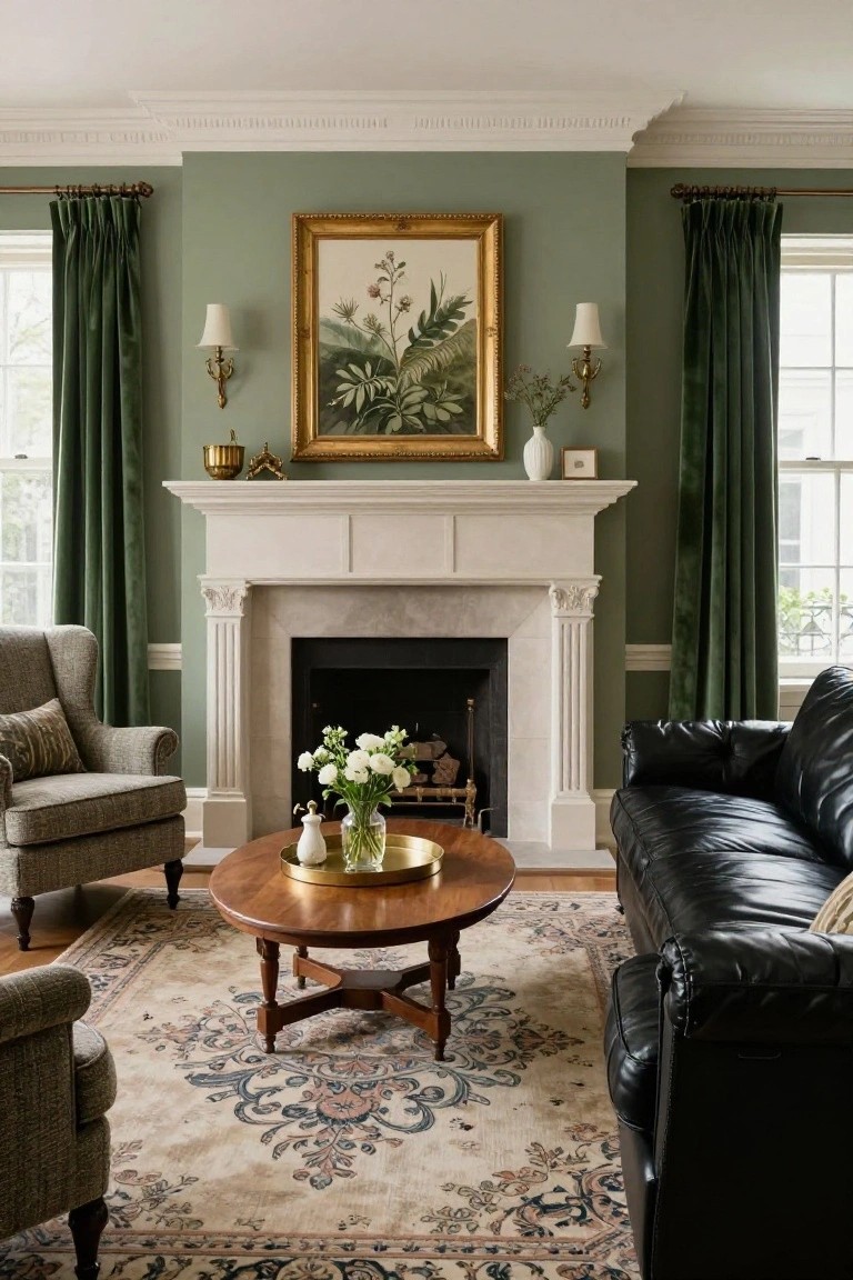 Living room with sage green walls, black leather sofa, white marble fireplace with black firebox, gold-framed botanical painting above mantel, gray wingback chairs, wood coffee table, and green velvet curtains on windows.