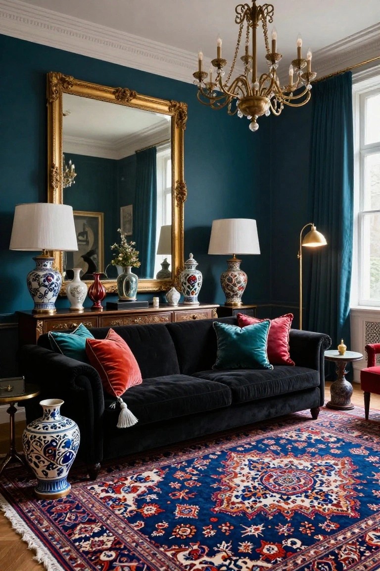 Living room with deep teal walls, black velvet sofa with emerald and pink pillows, blue oriental rug, blue and white porcelain vases on wooden furniture, gold-framed mirror, chandelier, and arched floor lamp.