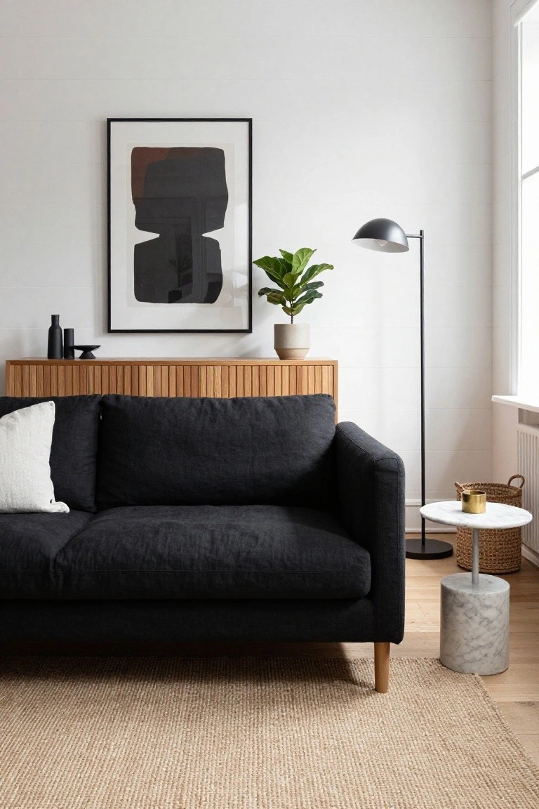 Black fabric three-seater sofa in a minimalist living room with slatted wooden credenza behind it topped by a potted ficus, black vase, and candle holder, plus a black arc floor lamp, marble pedestal table with gold cup and seagrass basket, white pillow, and beige rug on light wood floor.