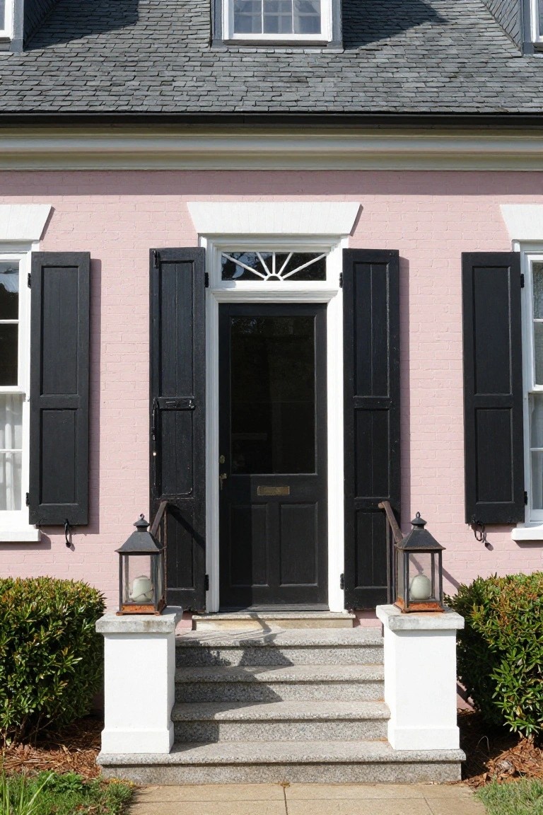 Pink brick colonial house exterior featuring black shutters, black front door with white surround, lanterns on white pedestals beside gray stone steps, black window frames, and boxwood shrubs.