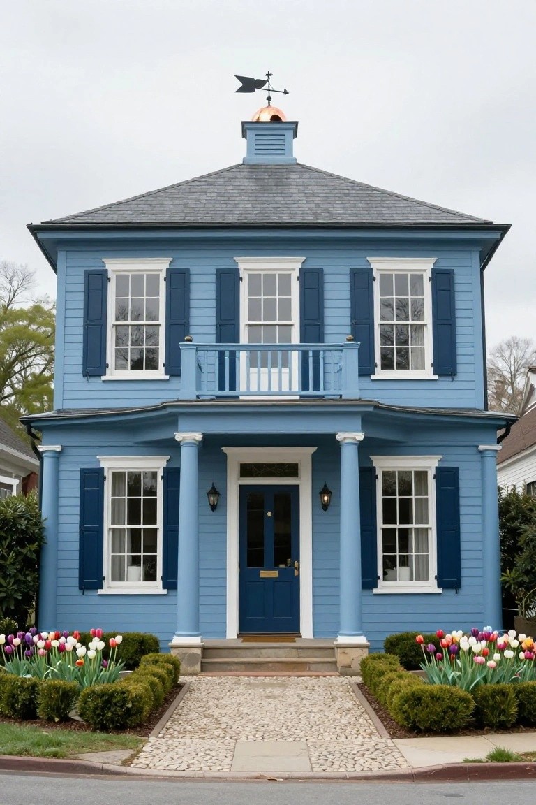 Two-story light blue clapboard house with white trim, navy blue shutters, front porch supported by white columns, second-floor balcony, cupola topped by copper dome and weather vane, dark blue front door, and landscaped yard with tulips and boxwood shrubs.