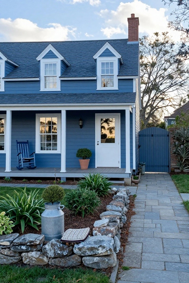 Blue clapboard colonial house with white trim, gabled roof, front porch with rocking chair and potted plants, stone wall garden bed, and paved path leading to a side gate.