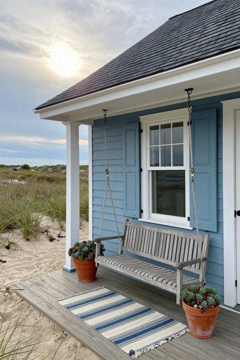 Blue clapboard coastal cottage exterior with white trim and columns, hanging wooden bench swing on porch suspended by ropes, blue shutters on window, potted succulents, striped rug on wooden deck, sand dunes and sea grass in background.
