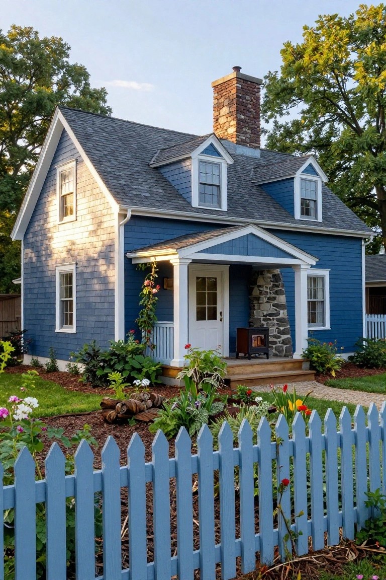 Blue shingle-sided colonial house with white trim, gabled roof, brick chimney, covered front porch with stone pillar and wood stove, white picket fence, and garden plantings.