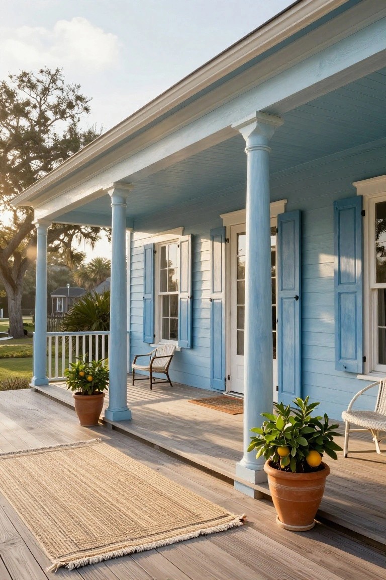 Pale blue clapboard colonial house exterior with wraparound porch, white columns, blue shutters on windows, potted citrus plants, wicker chairs, seagrass rug on wooden deck, and live oak trees in yard at sunset.
