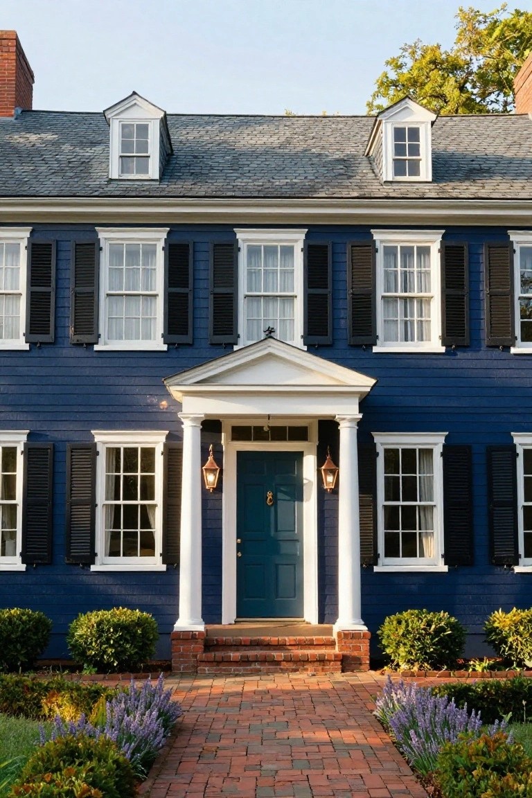 A two-story navy blue clapboard colonial house with white trim, black shutters, gabled dormers, a white pedimented portico supported by fluted columns, brass lanterns flanking a blue front door, brick pathway lined with lavender plants, and boxwood shrubs.