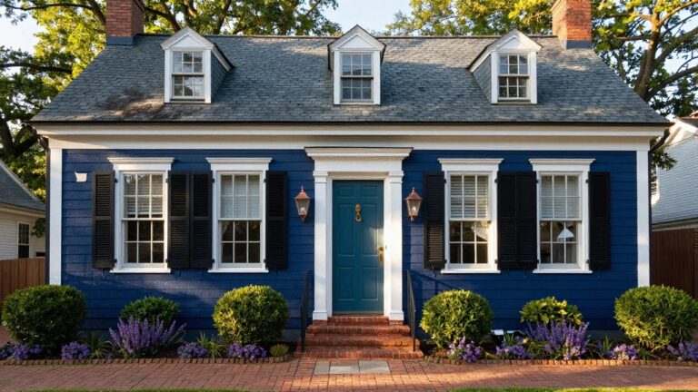A two-story navy blue clapboard colonial house with white trim, black shutters, gabled dormers, a white pedimented portico supported by fluted columns, brass lanterns flanking a blue front door, brick pathway lined with lavender plants, and boxwood shrubs.