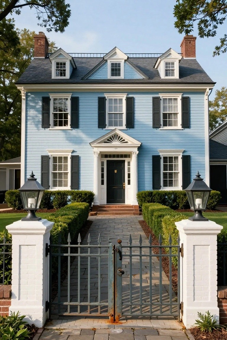 A two-story light blue clapboard colonial house with white trim, black shutters on symmetrical windows, dormer windows, brick chimneys, a central white pedimented portico with columns and black front door, flanked by boxwood hedges, black lanterns on white pedestals, and a wrought iron gate on brick pavers.