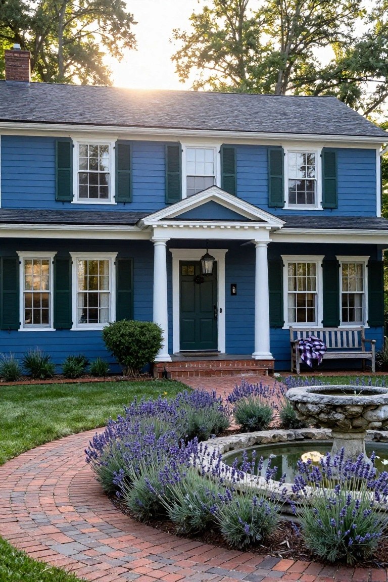 A two-story navy blue clapboard colonial house with white trim, green shutters, columned front porch, green front door, wooden bench with plaid blanket on porch, brick walkway lined with lavender plants leading to stone fountain in front yard under trees at sunset.