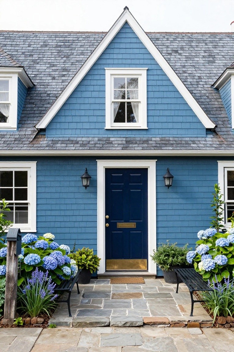 Front view of a two-story blue shingle-style house with white trim, gabled roof, navy blue paneled door with brass knocker, lanterns on either side, hydrangeas in pots, bench, and stone pathway.