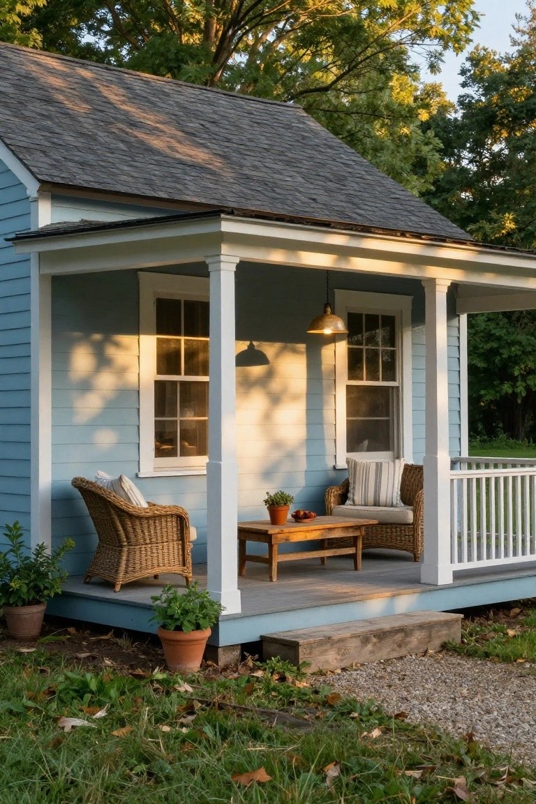 Small light blue clapboard house with gabled dark shingled roof, covered front porch with white columns, wicker chairs, low wooden table with tomatoes, potted plants on porch and ground, gravel path, grass, and trees in late afternoon light.