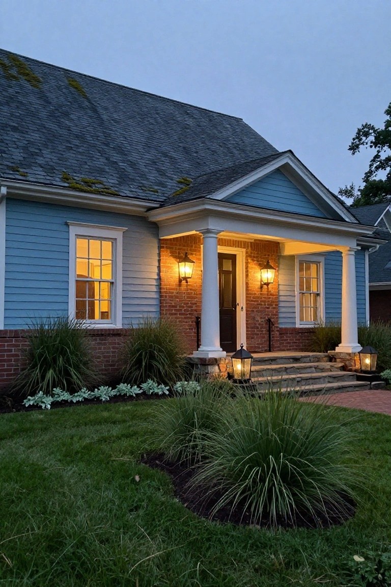 Blue clapboard colonial house exterior at dusk with gabled slate roof, white-columned front porch, dark wood door, multiple lit lanterns on posts and steps, brick base, stone entry stairs, and low plantings in the yard.