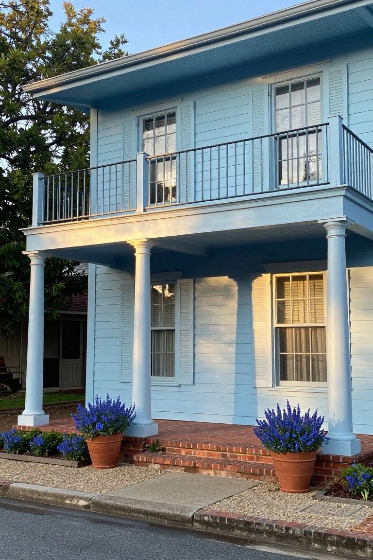 Light blue clapboard two-story house with white columns supporting porch and balcony, black metal railing, multiple windows with shutters, brick entry steps, and large terracotta pots of purple lavender plants in gravel beds.