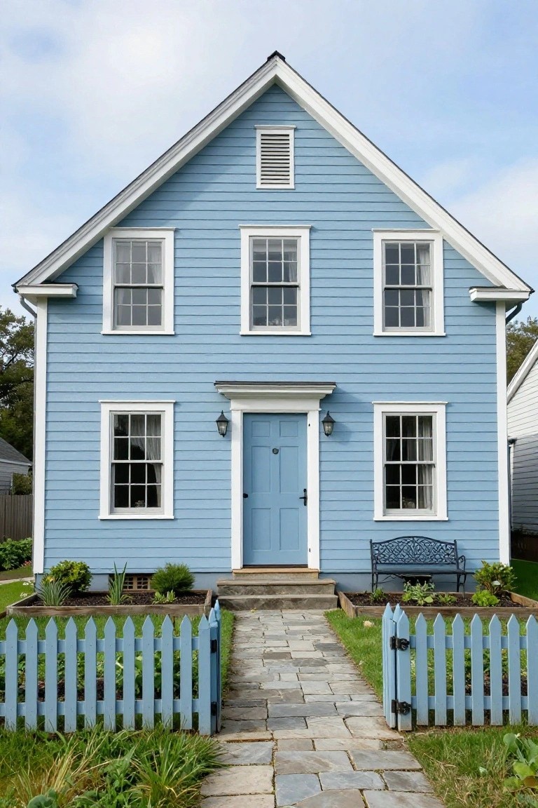 A two-story light blue clapboard colonial house with white trim, six-over-six windows, blue front door flanked by lanterns, stone entry path, white picket fence, and garden beds.