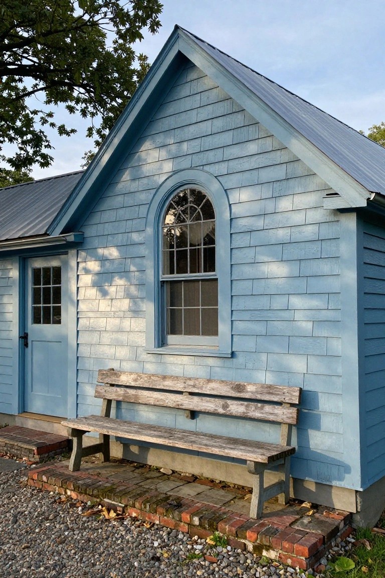 Small blue shingled outbuilding with gabled metal roof, arched window, blue door, and weathered wooden bench on brick steps beside gravel ground.