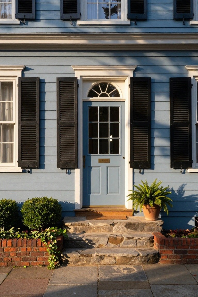 Light blue clapboard colonial house facade with black shutters, a darker blue front door with fanlight window, flanked by stone steps, brick planters with greenery, and a potted fern.