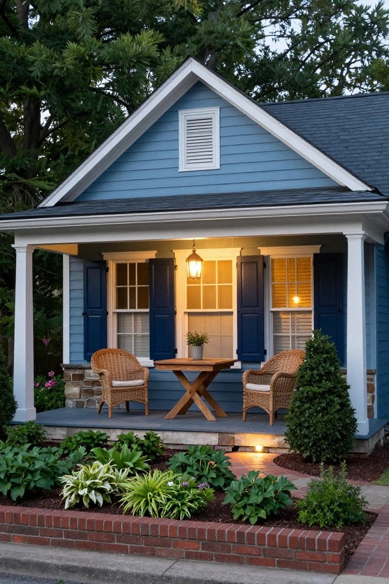 Blue clapboard colonial-style house with gabled roof, covered front porch supported by white columns, two wicker chairs around a wooden table, hanging lantern light, potted plant, and landscaped front beds with brick edging at dusk.