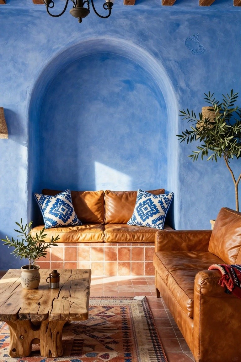 A cozy living room corner with deep blue textured walls and an arched recess containing a built-in tan bench with blue ikat pillows, adjacent tan leather sofa, terracotta tile floor, rustic wooden coffee table, olive plants, and patterned rug.