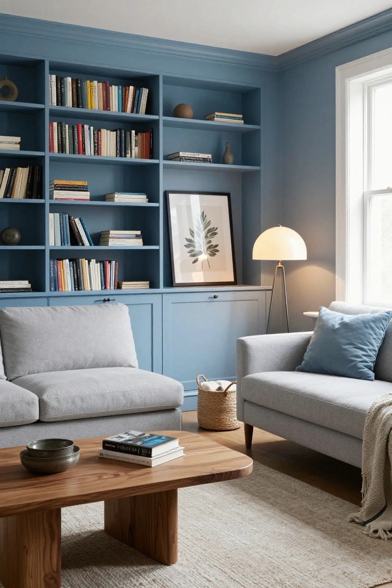 Corner of a living room with blue painted built-in shelving units filled with books, ceramics, and decor, flanked by gray fabric sofas, a wooden coffee table, tripod floor lamp, and window.