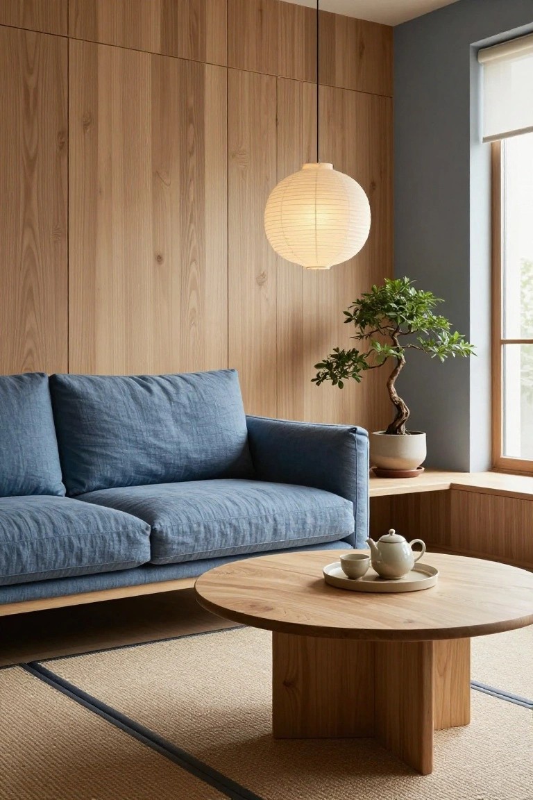 Modern living room with vertical blonde wood paneling on walls and cabinets, navy blue linen sofa, round oak coffee table holding white teapot and cups, bonsai tree in pot by window, hanging white paper lantern, beige rug on floor.