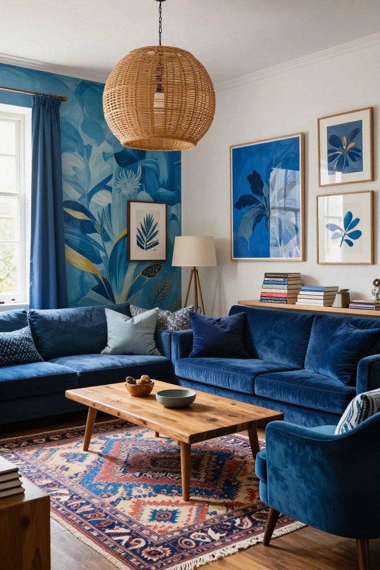 A living room with navy blue velvet L-shaped sofa and armchair, light blue accent pillows, wooden coffee table holding bowls, blue botanical wallpaper on one wall, rattan pendant light, framed blue artwork, bookshelves, tripod lamp, and patterned rug on wood floors.