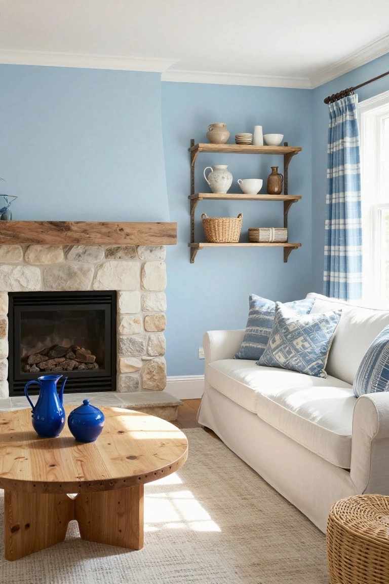 Living room with light blue walls, beige stone fireplace, white slipcovered sofa with blue patterned pillows, round wooden coffee table with blue pitchers and jar, wooden wall shelves holding pottery and baskets, and blue plaid curtains on window.