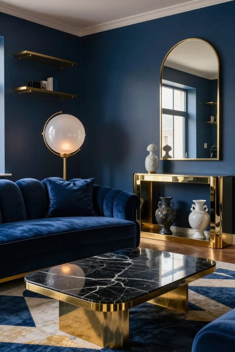 A navy blue living room with velvet sofa, gold console table displaying white vases, brass floor lamp, black marble coffee table with gold base, arched gold mirror, and floating shelves.