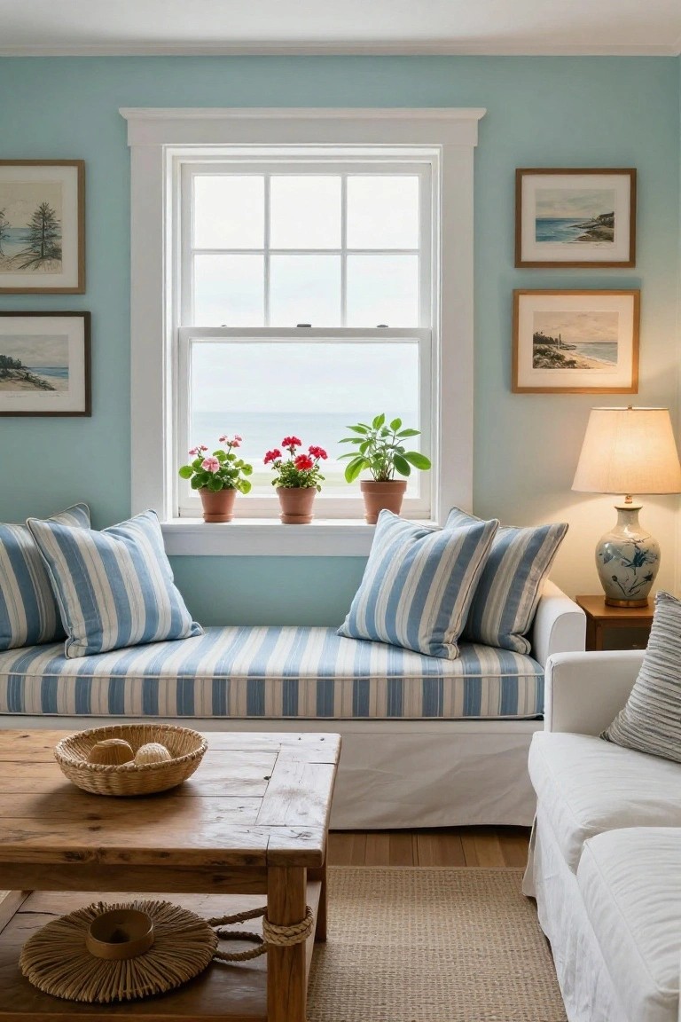 Light blue living room with white window seat cushions striped in blue and white, red geraniums in terracotta pots on the windowsill overlooking the ocean, wooden coffee table with woven basket, white sofa, and framed coastal paintings on walls.