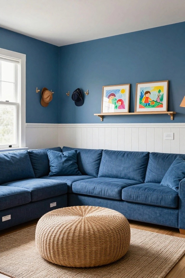 Living room interior with navy blue upper walls and white beadboard wainscoting, L-shaped navy sofa, round rattan pouf on rug, hats hanging on hooks, and two framed colorful children's drawings on wooden shelves near a window.