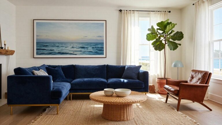 20 Blue Living Room Decor Ideas Living room interior with navy blue velvet L-shaped sectional sofa, rattan coffee table, tan leather armchair, potted fiddle leaf fig, and ocean view through window with white sheer curtains.