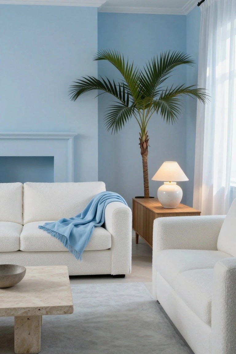 Living room with pale blue walls, two white bouclé sofas including one with blue throw, tall potted palm tree beside lit white ceramic lamp on wooden side table, travertine coffee table holding metal bowl, and sheer white curtains.