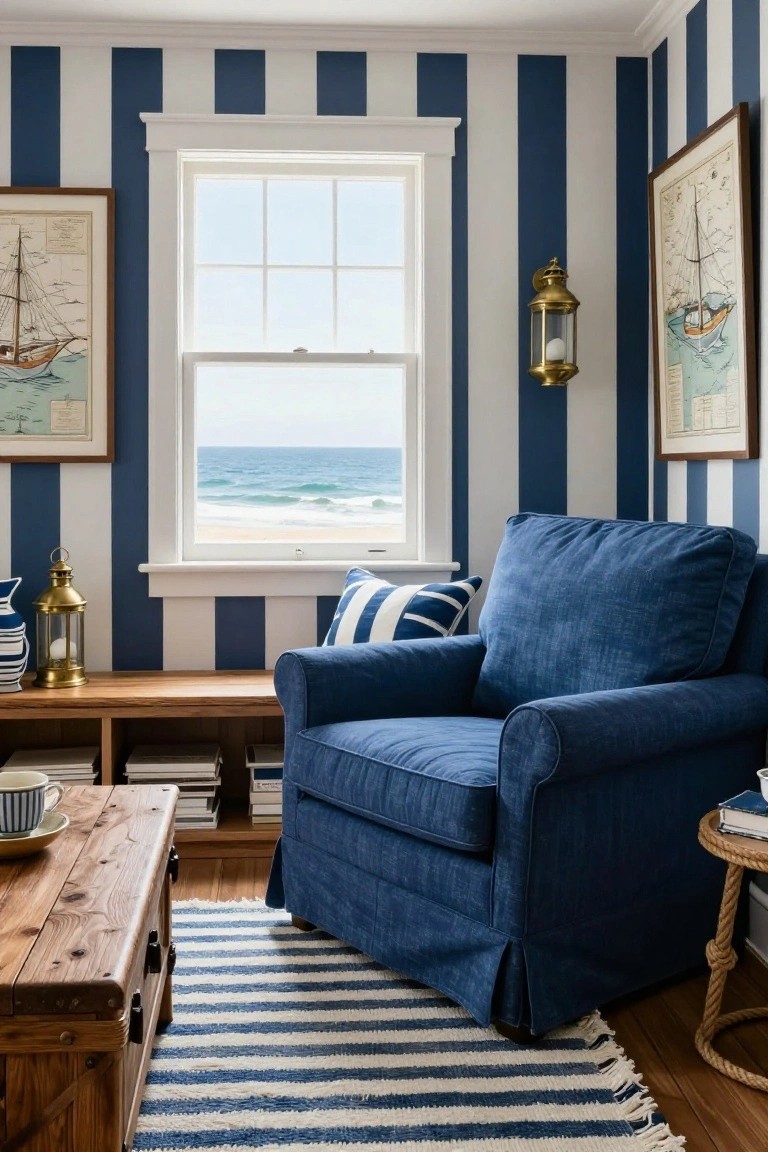 A cozy living room corner with vertical navy blue and white striped walls, navy blue armchair, wooden coffee table and bench, striped pillows, nautical art, lanterns, and a large window showing ocean waves and beach.