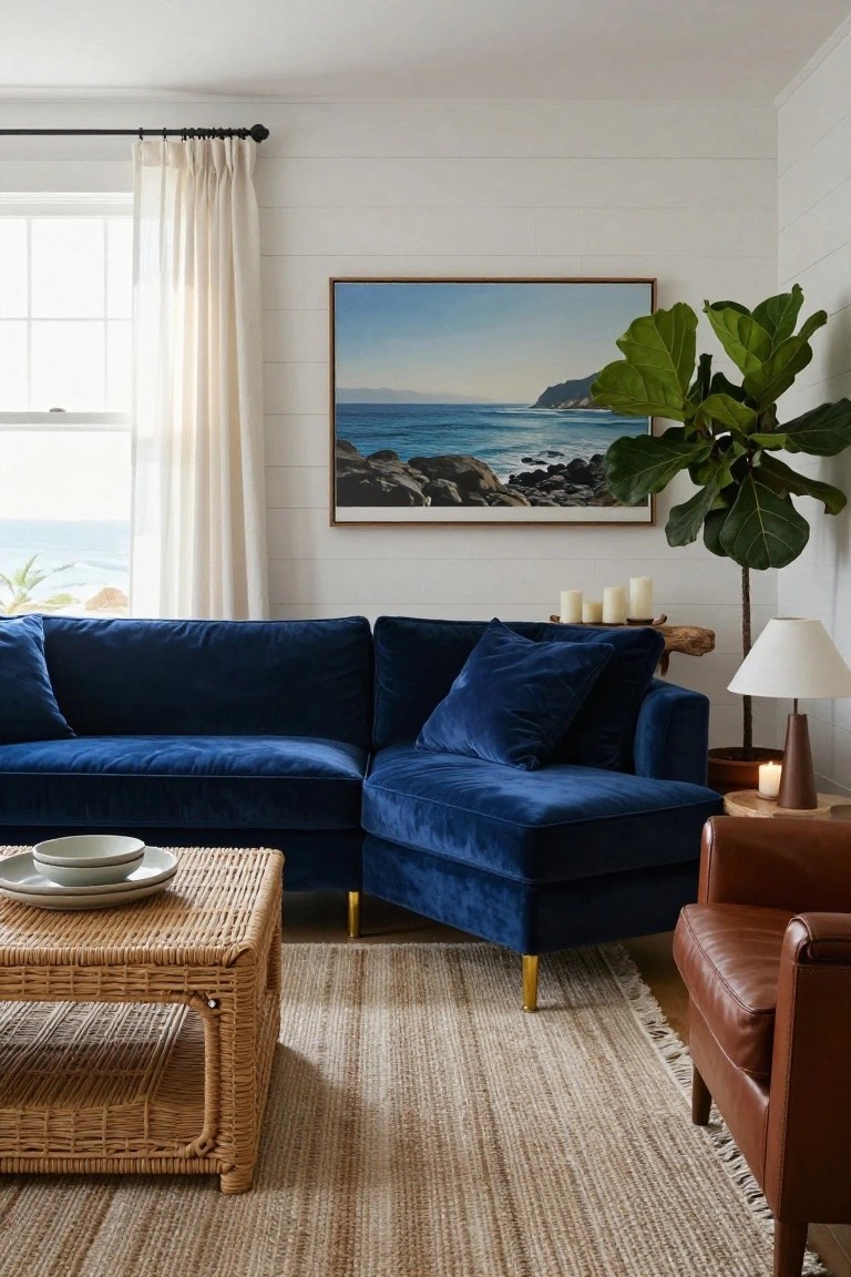 Living room interior with navy blue velvet L-shaped sectional sofa, rattan coffee table, tan leather armchair, potted fiddle leaf fig, and ocean view through window with white sheer curtains.